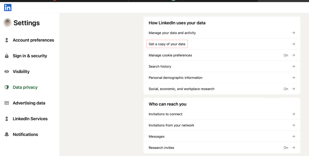 The Data privacy settings in LinkedIn with "Get a copy of your data" highlighted