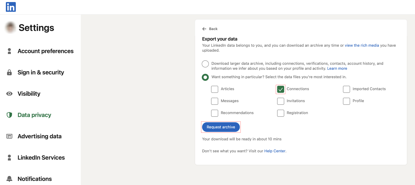 LinkedIn's "Export your data" menu with a checkmark next to "Connections" and the "Request archive" button highlighted