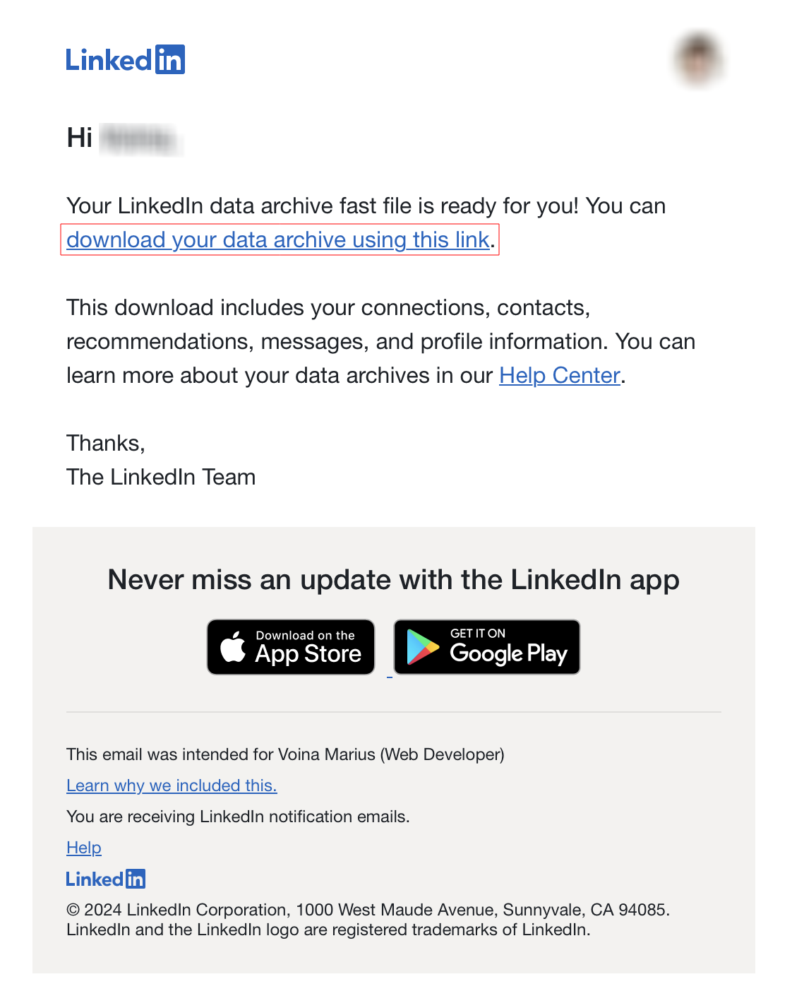 An email from LinkedIn that contains a link to download your account's data archive.