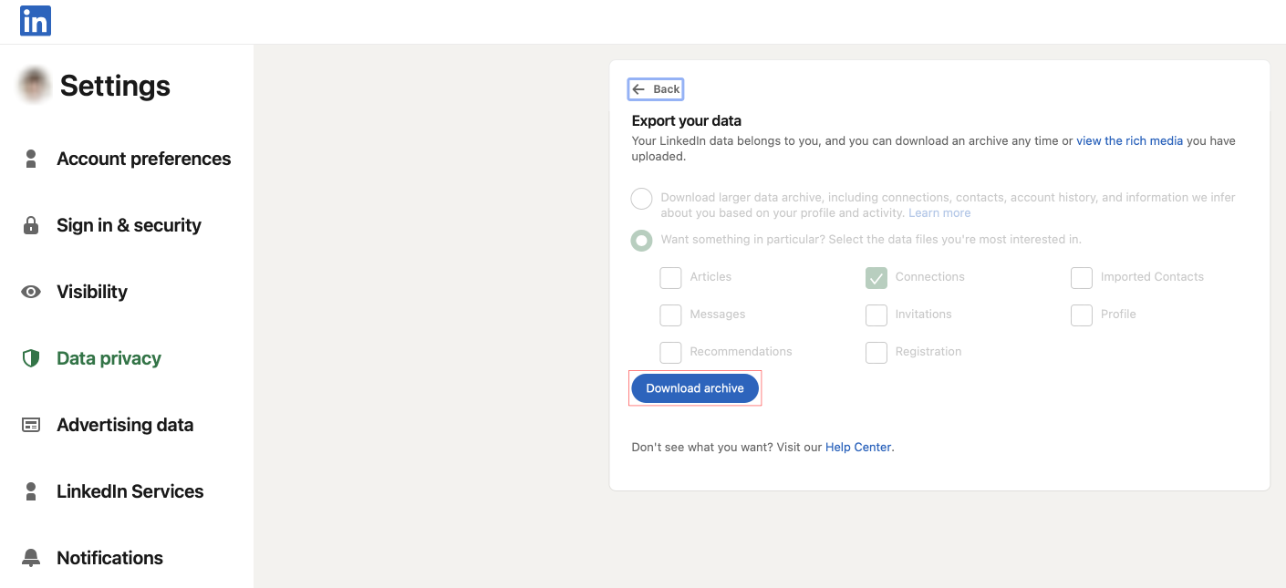 LinkedIn's "Export your data" menu with the "Download archive" button highlighted.