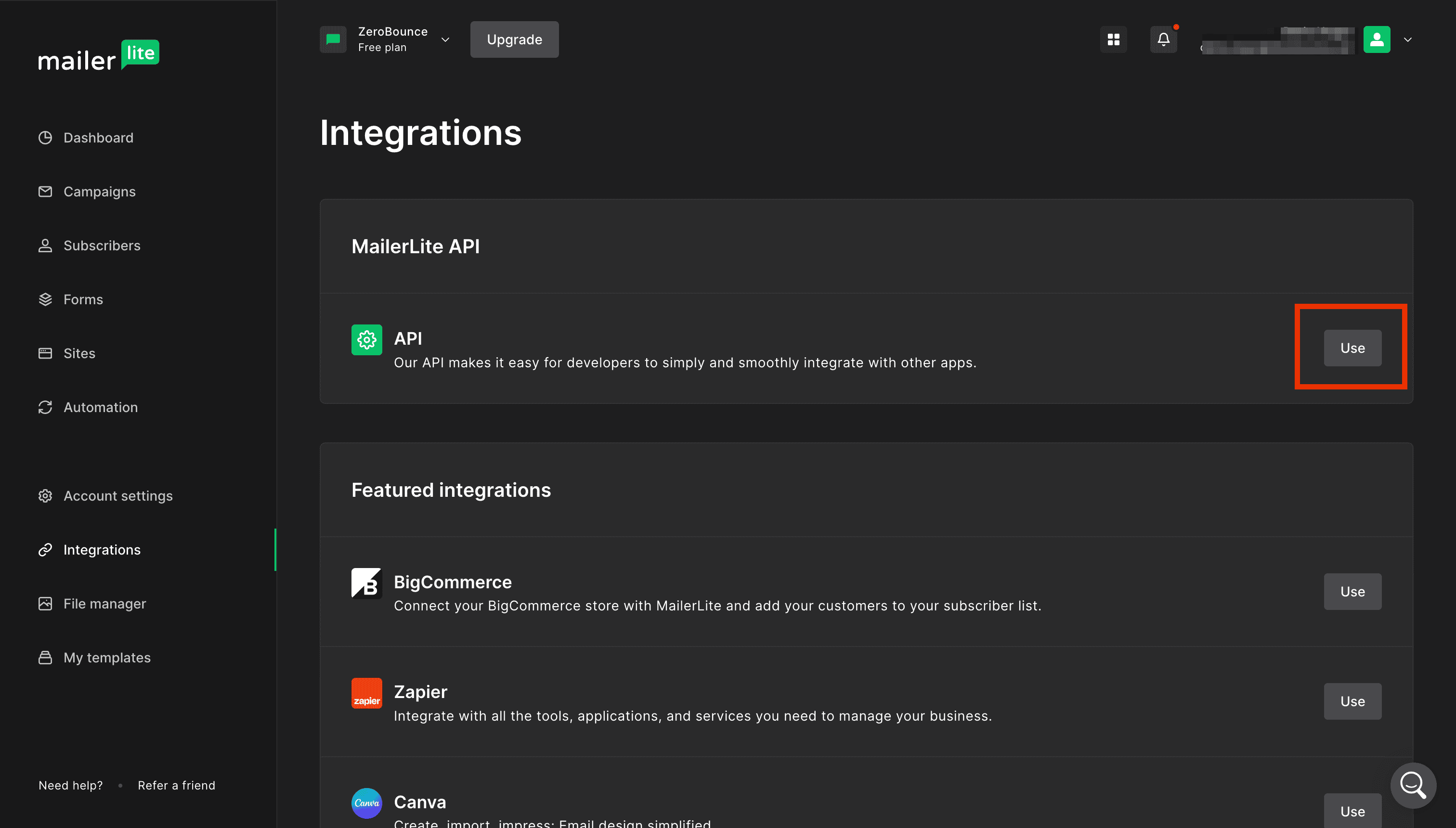 MailerLite integrations page