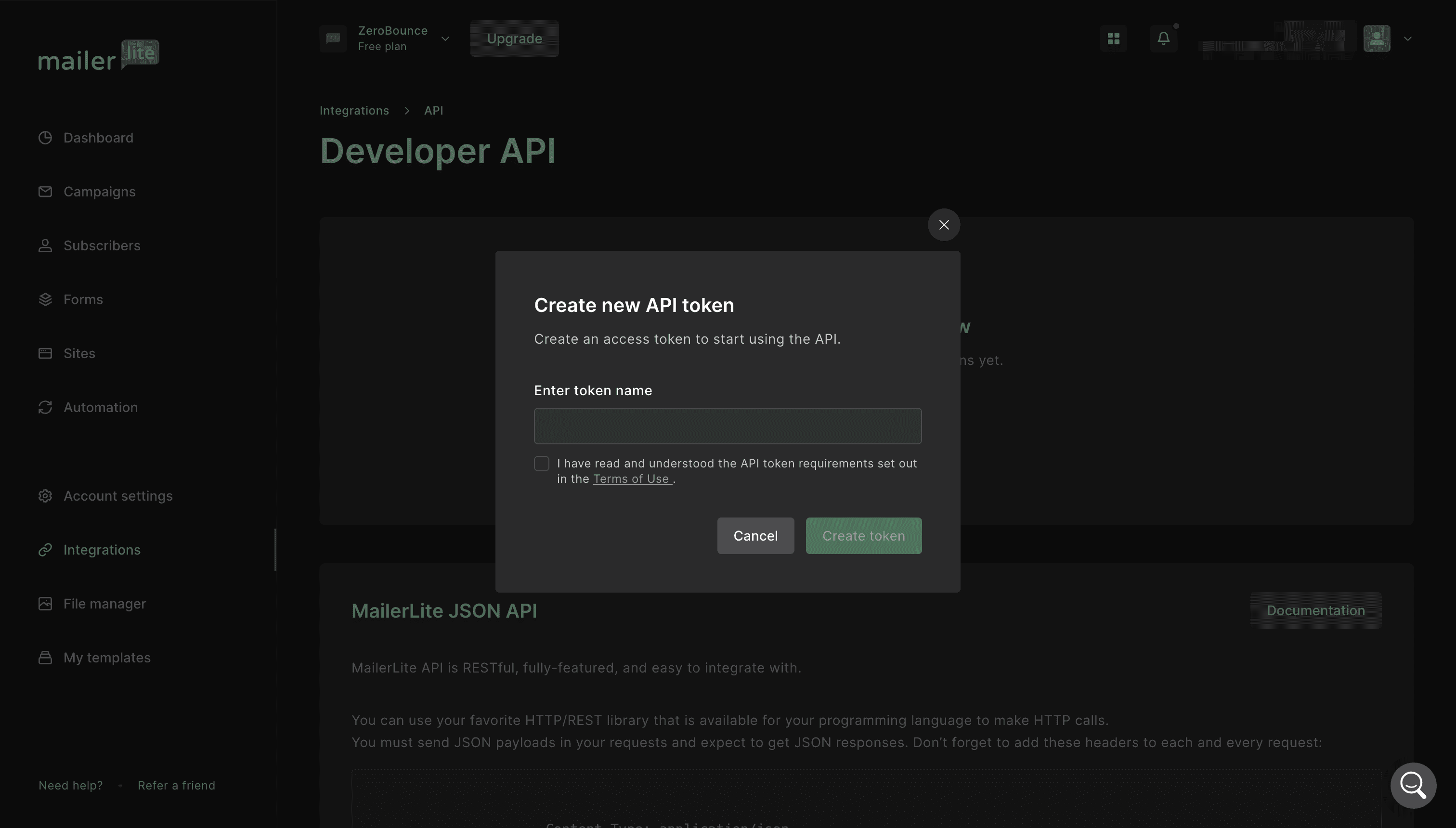 MailerLite API Token pop-up modal