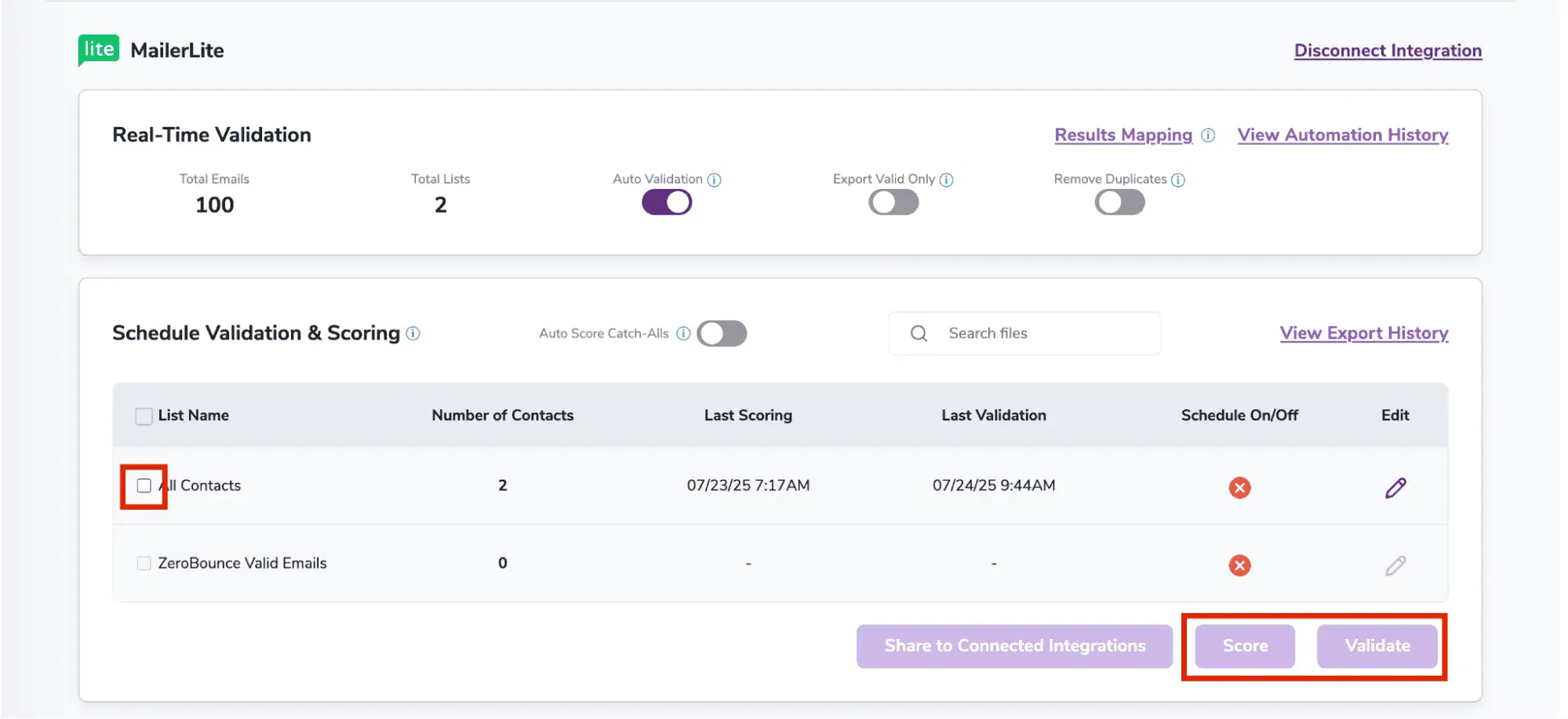 After successful integration, you will be able to view your lists in your ZeroBounce Dashboard.