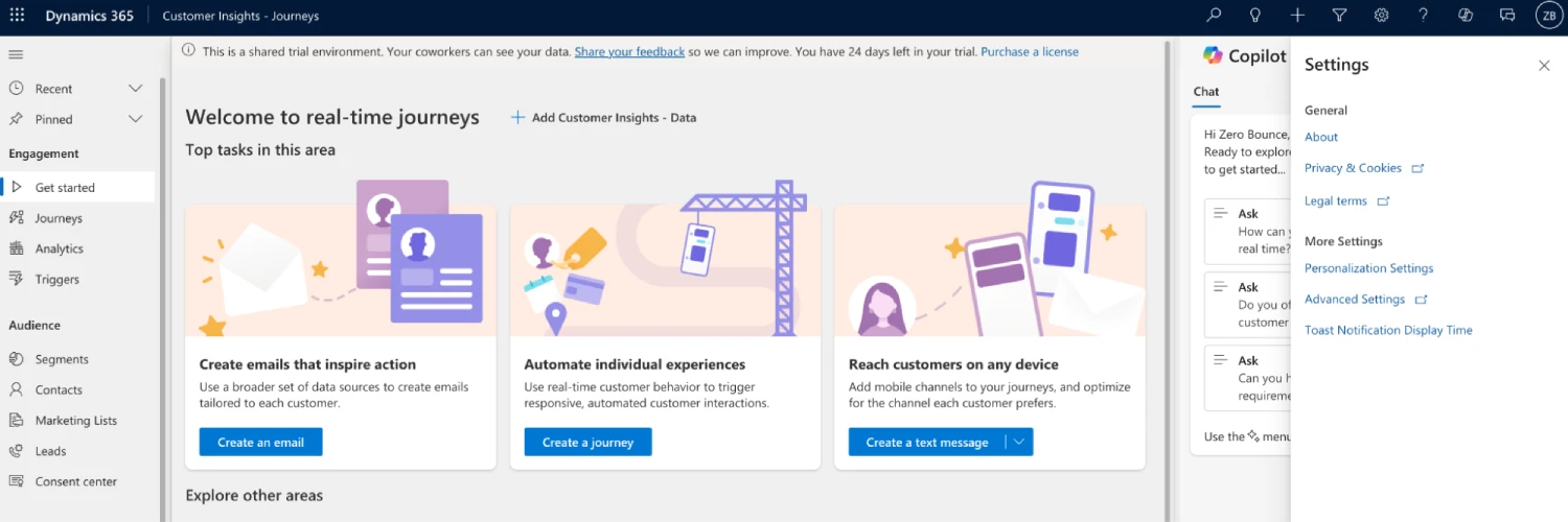 The Microsoft Dynamics 365 dashboard with the Settings menu selected.