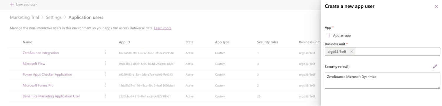 Microsoft Dynamics 365’s Create a new app user menu with the value ‘ZeroBounce Microsoft Dynamics’ entered as the security role.