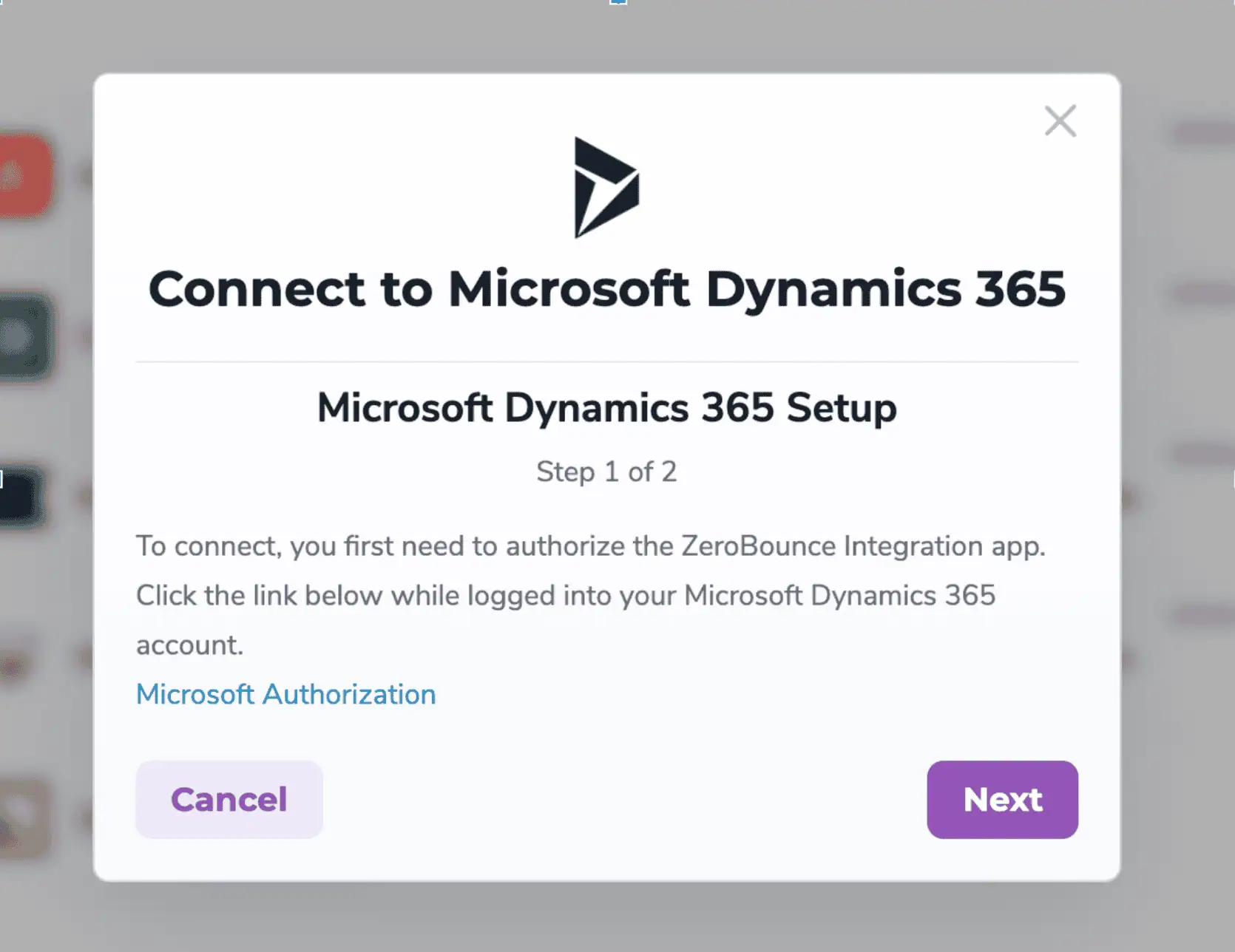 A ‘step 1’ ZeroBounce integrations pop-up.