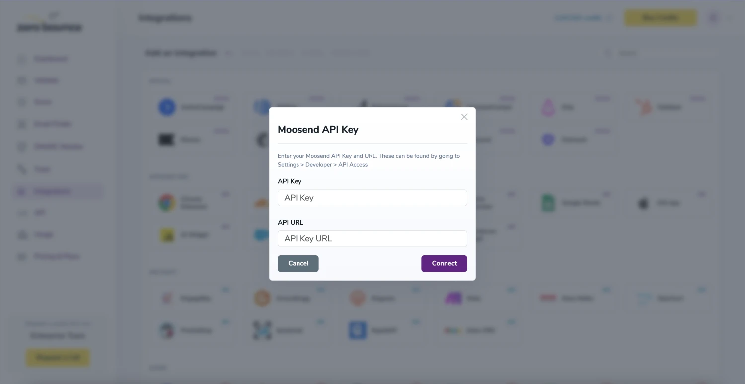 API Key pop-up modal