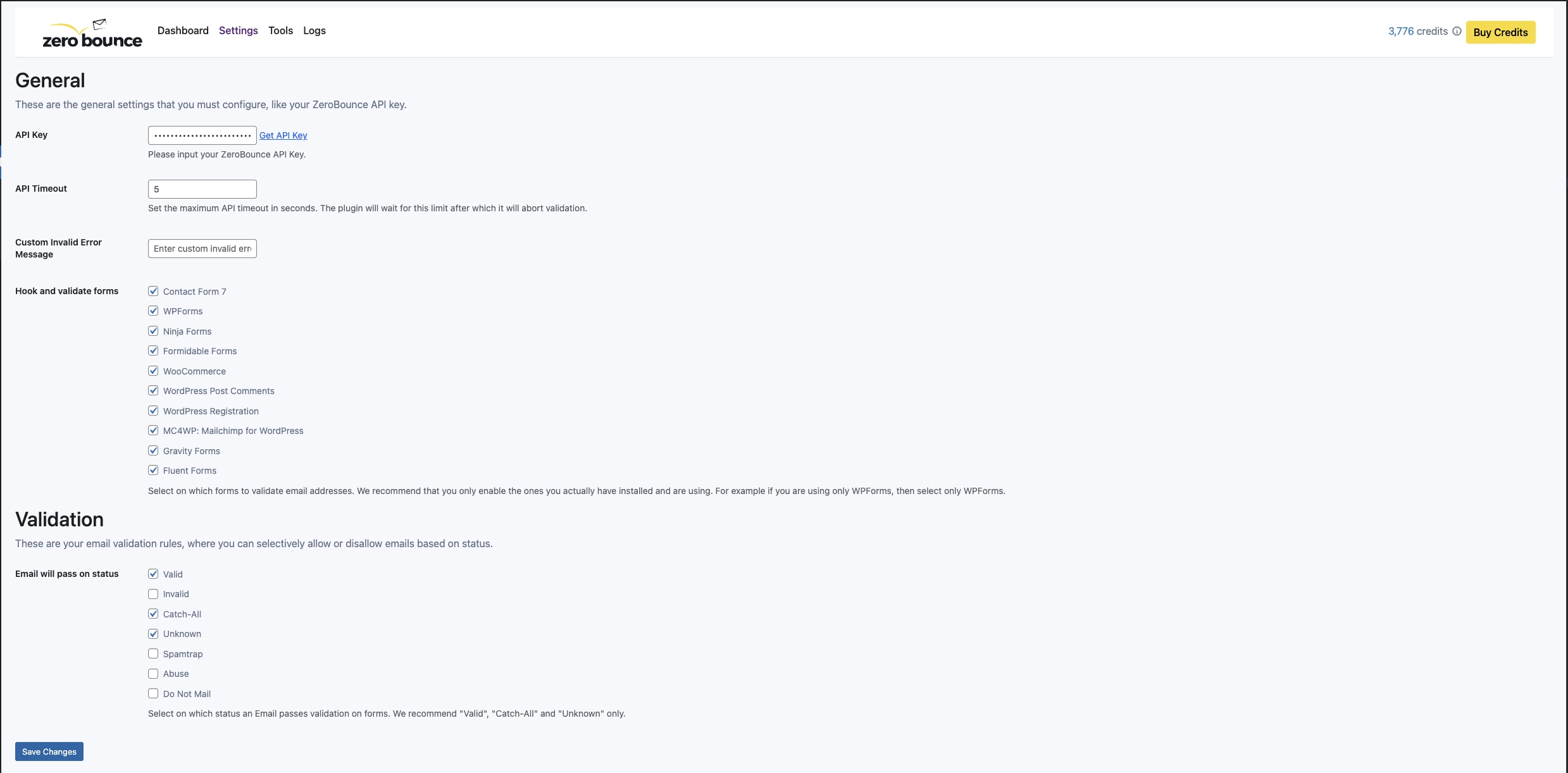 ZeroBounce ,[object Object], Settings