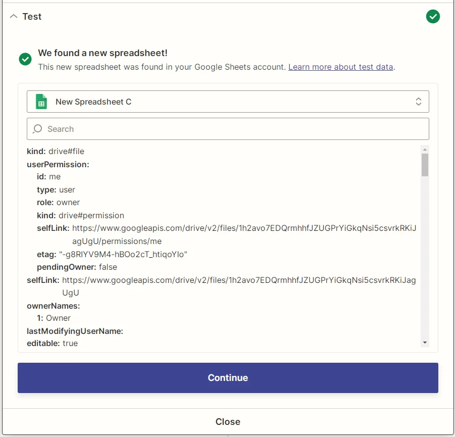 Zapier Google Sheets New Spreadsheet test result screenshot