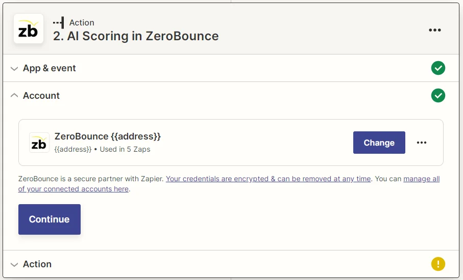 Zapier ZeroBounce connected account screenshot