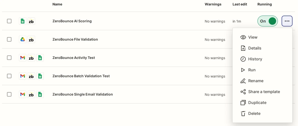 Zapier dashboard Zap context menu screenshot