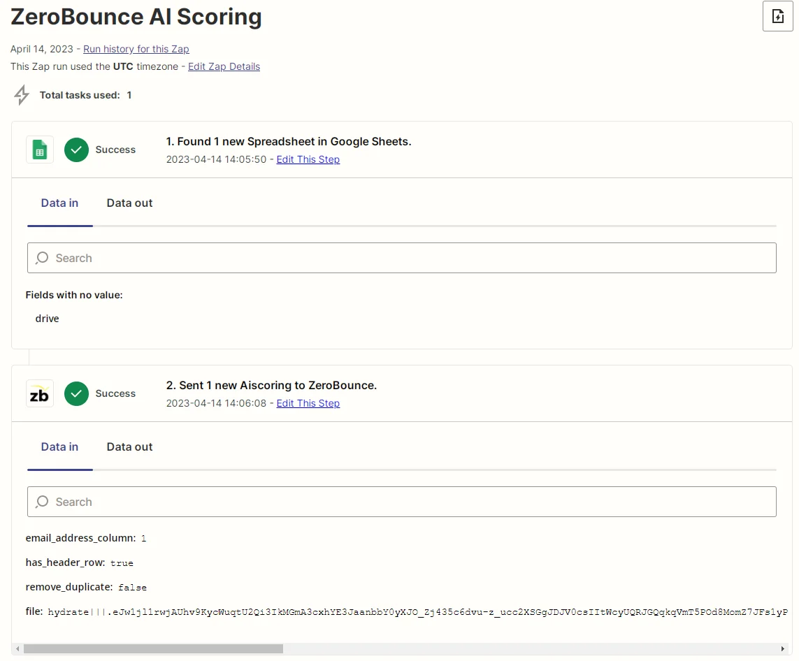 Zapier Zap data screenshot