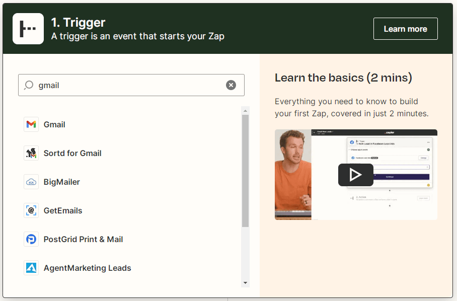 Screenshot of the new trigger creation tool in Zapier