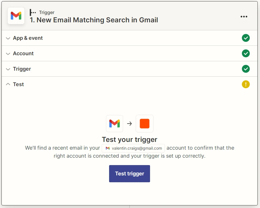Zapier Gmail Test trigger screenshot