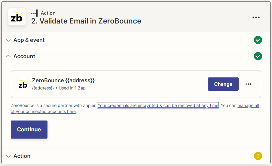 Zapier ZeroBounce connected account screenshot