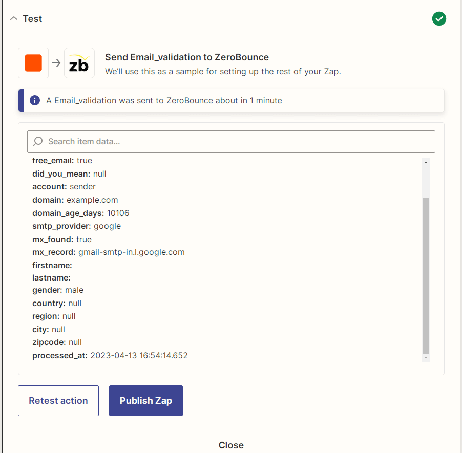 Zapier ZeroBounce Validate Email test result screenshot