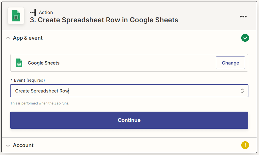 Zapier new Google Sheets event action screenshot