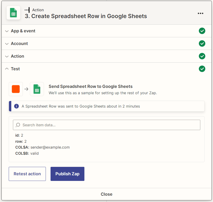 Zapier Google Sheets action test results screenshot