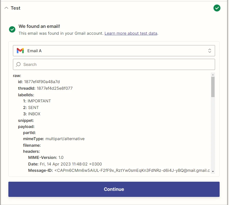 Zapier Gmail trigger test results screenshot