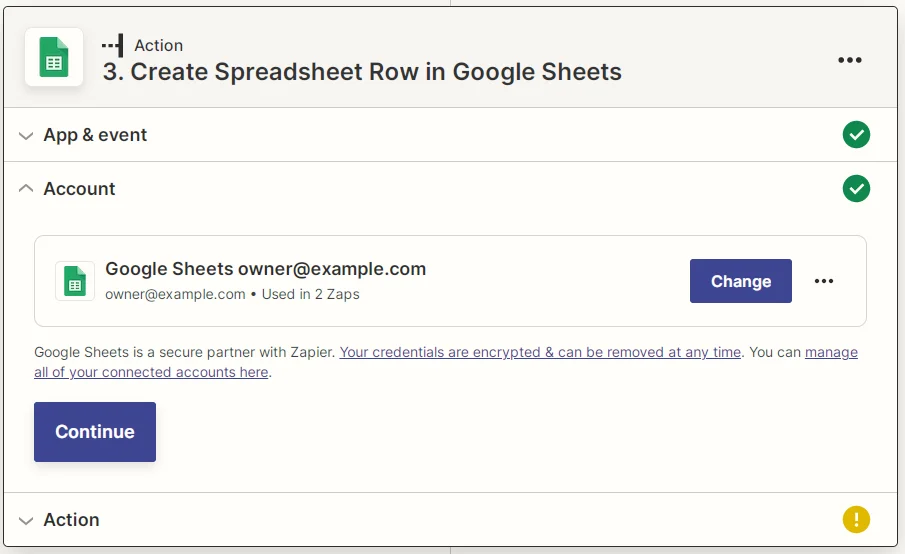Zapier Google Sheets connected account screenshot
