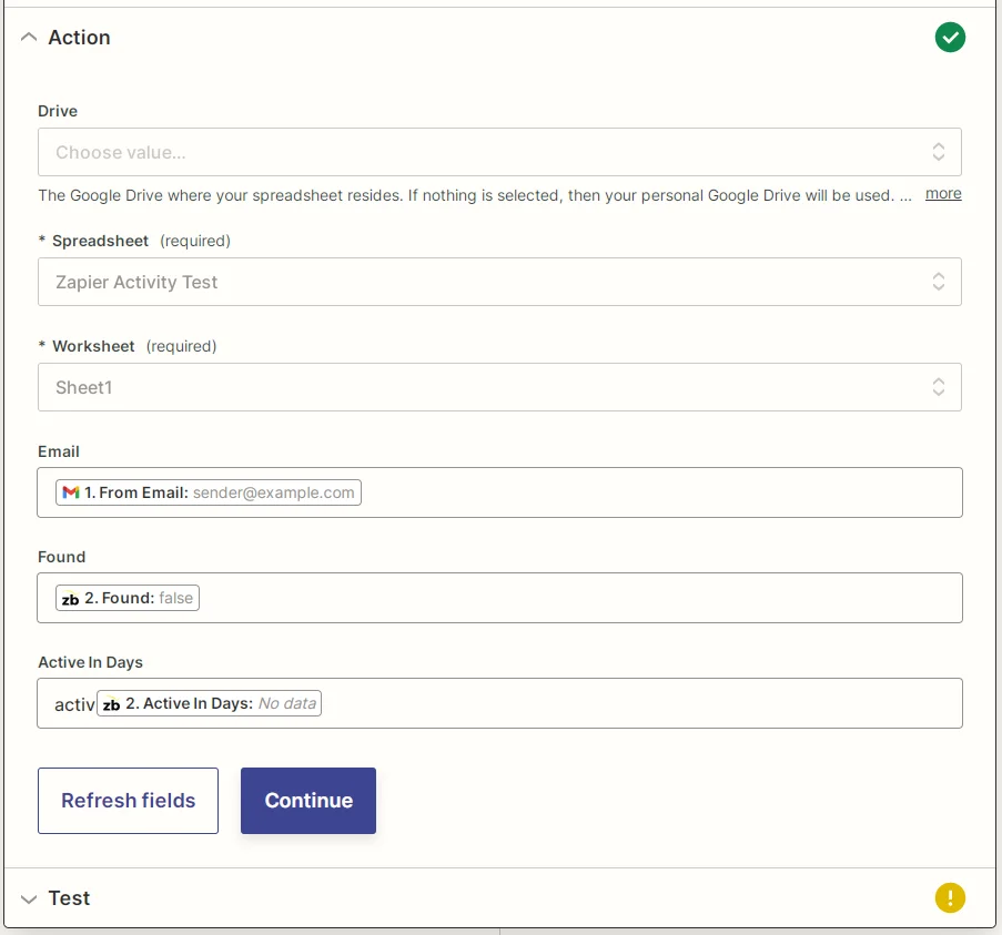 Screenshot showing how to set parameters for your new spreadsheet row using the Zapier integration