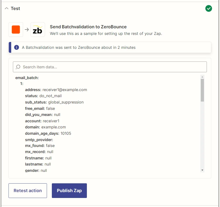 Zapier ZeroBounce Batch Validation action test result screenshot