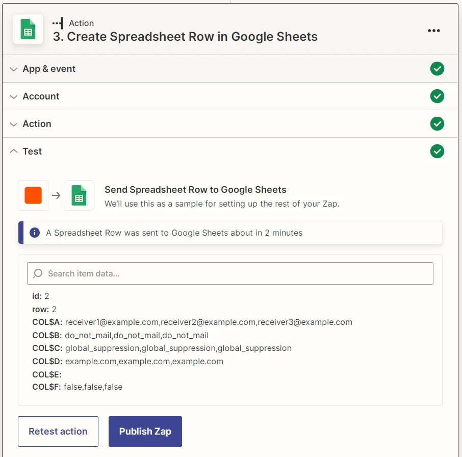 Zapier Google Sheets create new spreadsheet row action test results screenshot