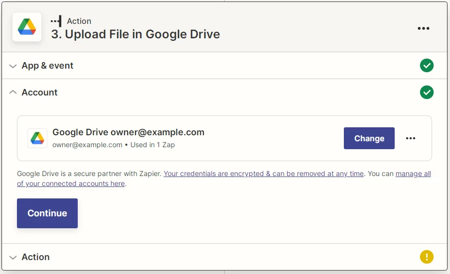 Zapier Google Drive linked account screenshot