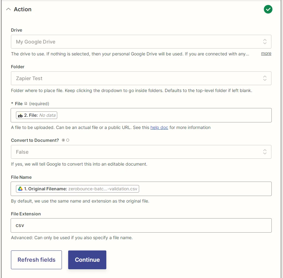 Zapier Google Drive Upload File parameters screenshot