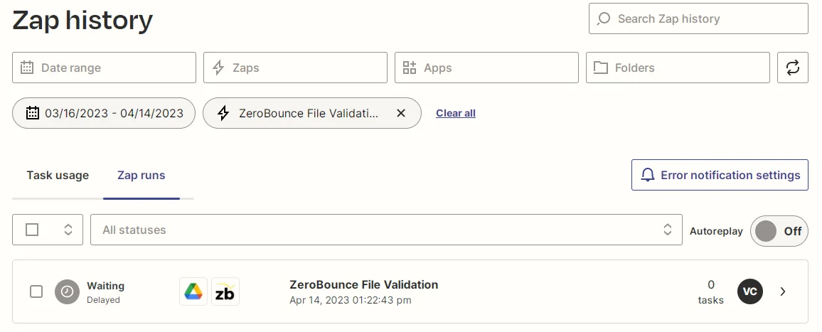 Zapier Zap history screenshot