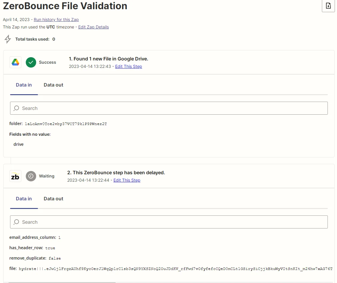 Zapier Zap input data screenshot
