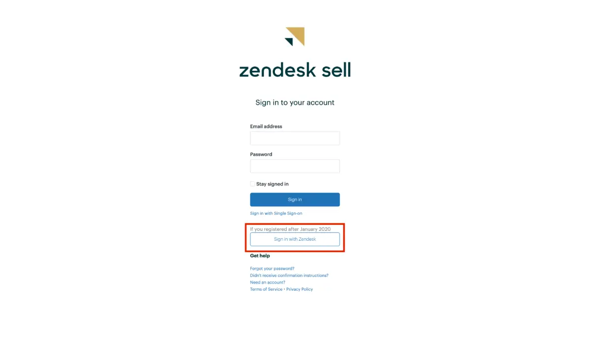 Zendesk Sell authentication page