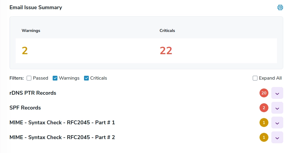 Full tester results showing the warnings and errors found