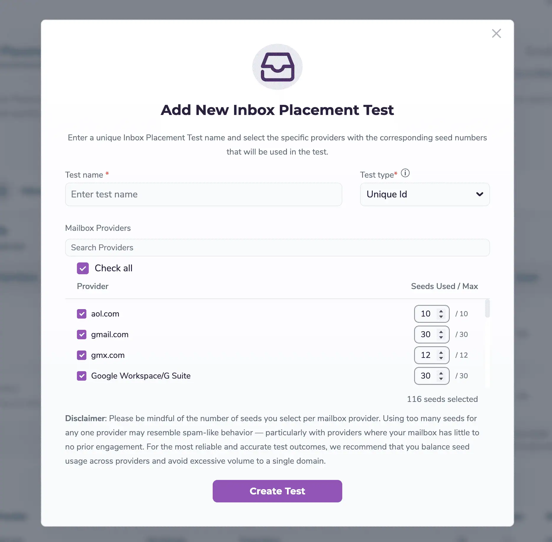 Enter a unique test name. Select the test type - Unique ID