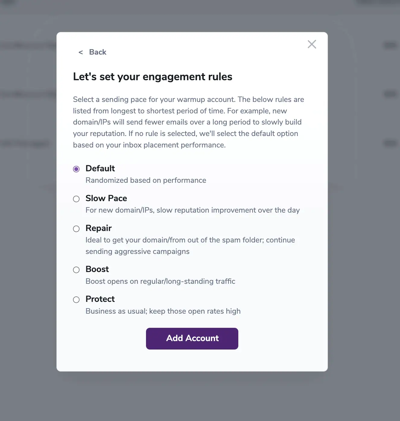 Warmup engagement rules Pop-up modal