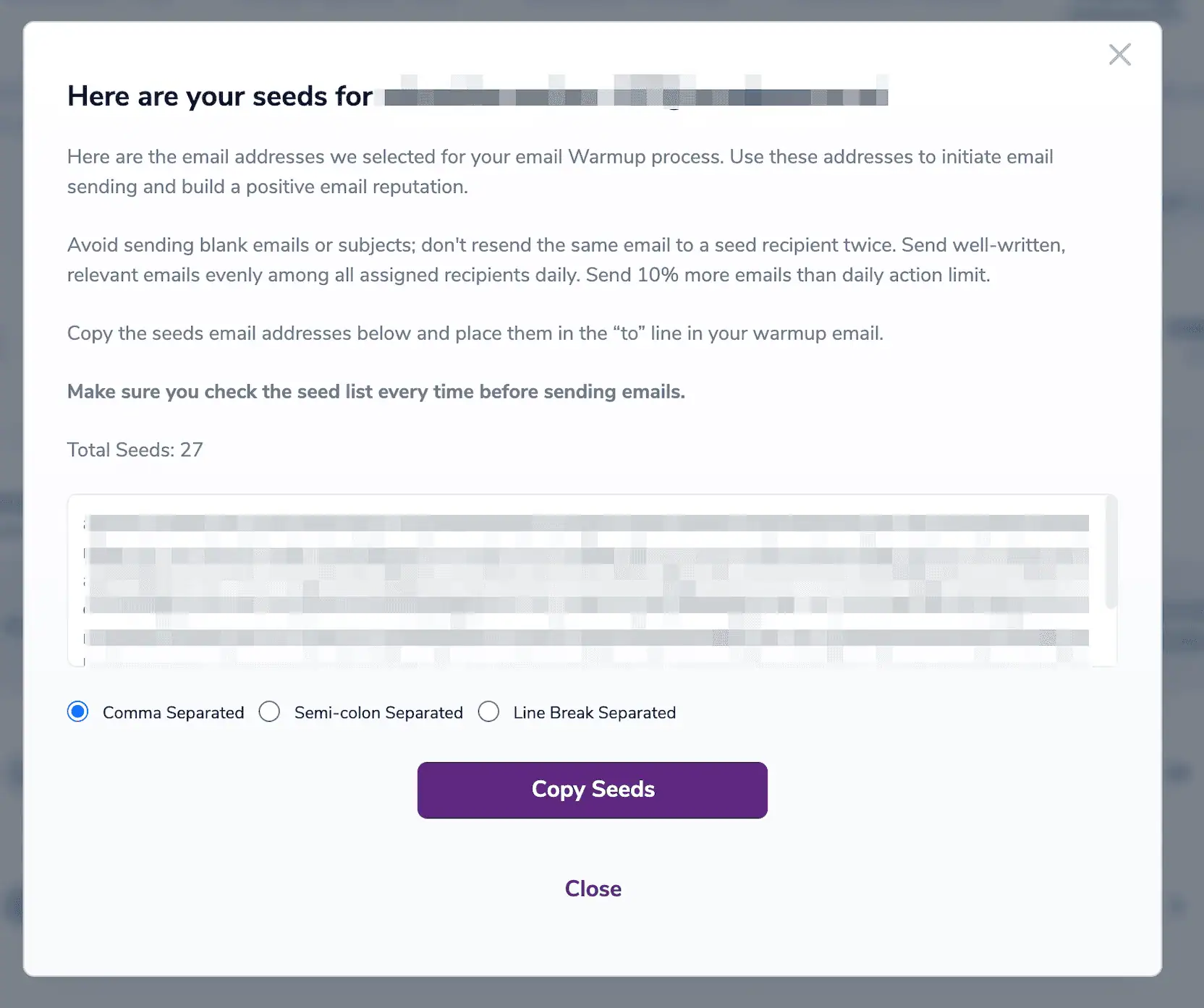 Warmup custom seeds Pop-up modal