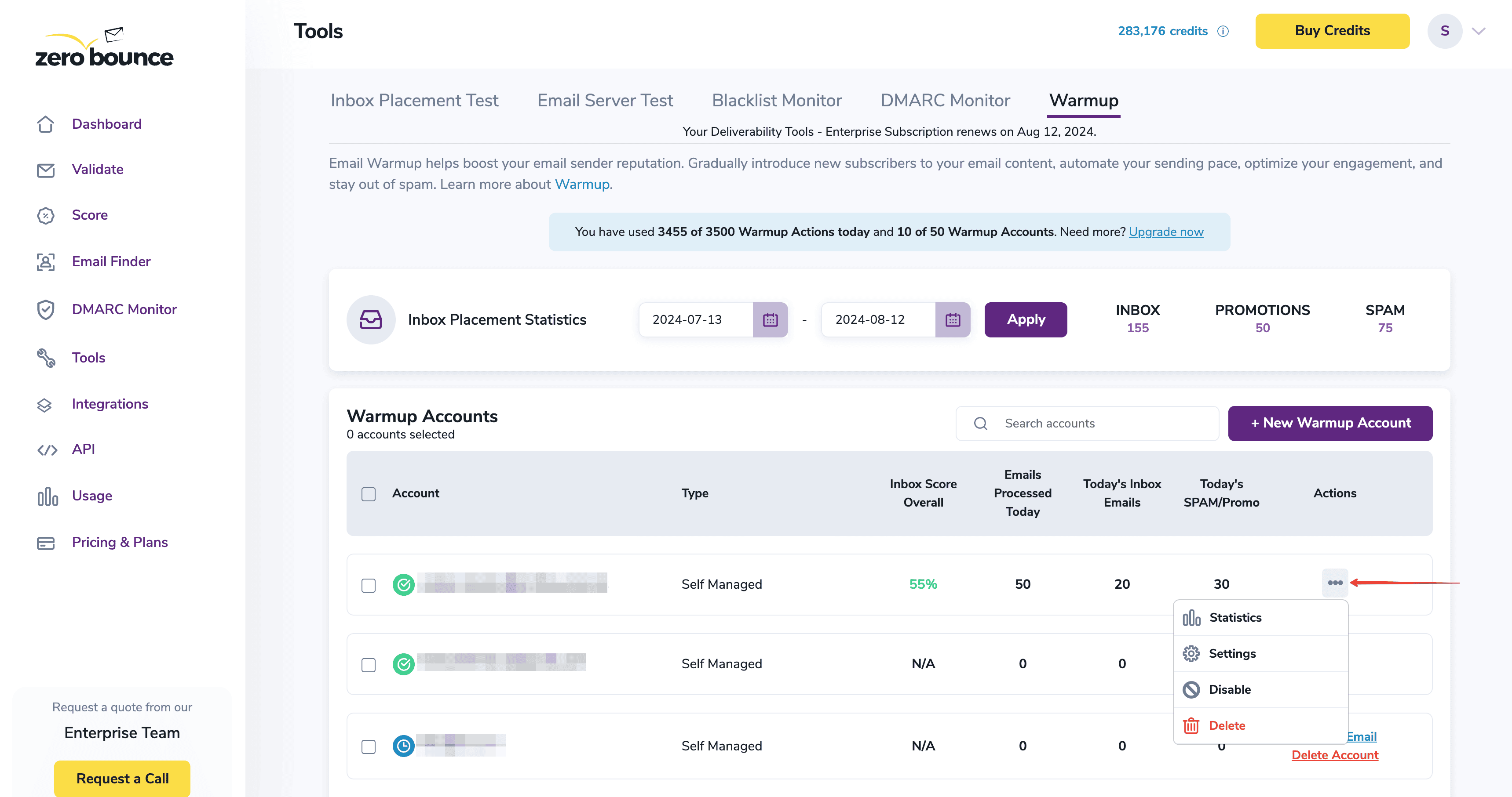 ZeroBounce Warmup Dashboard with an arrow displaying the action column