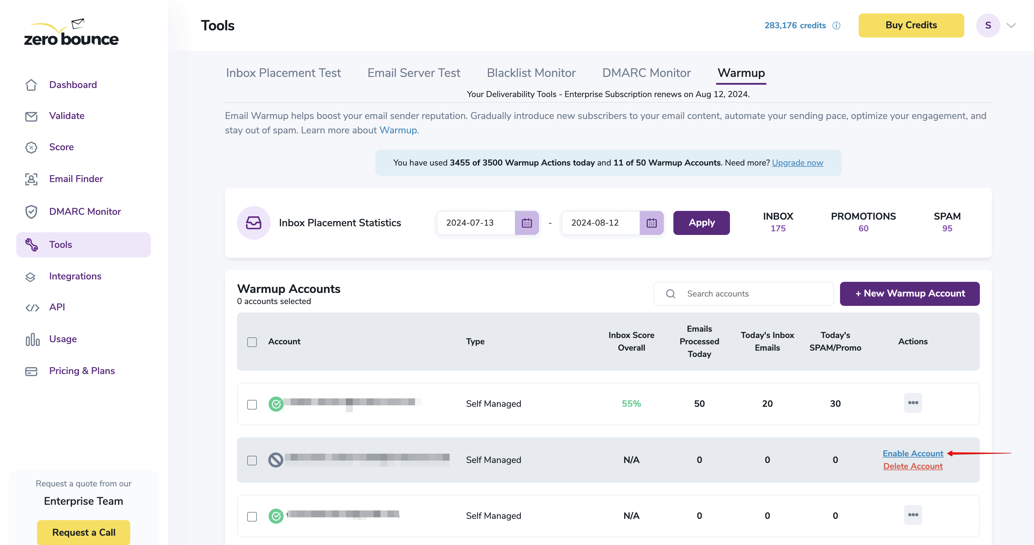 ZeroBounce Warmup Dashboard displaying the 'Enable Account' Button