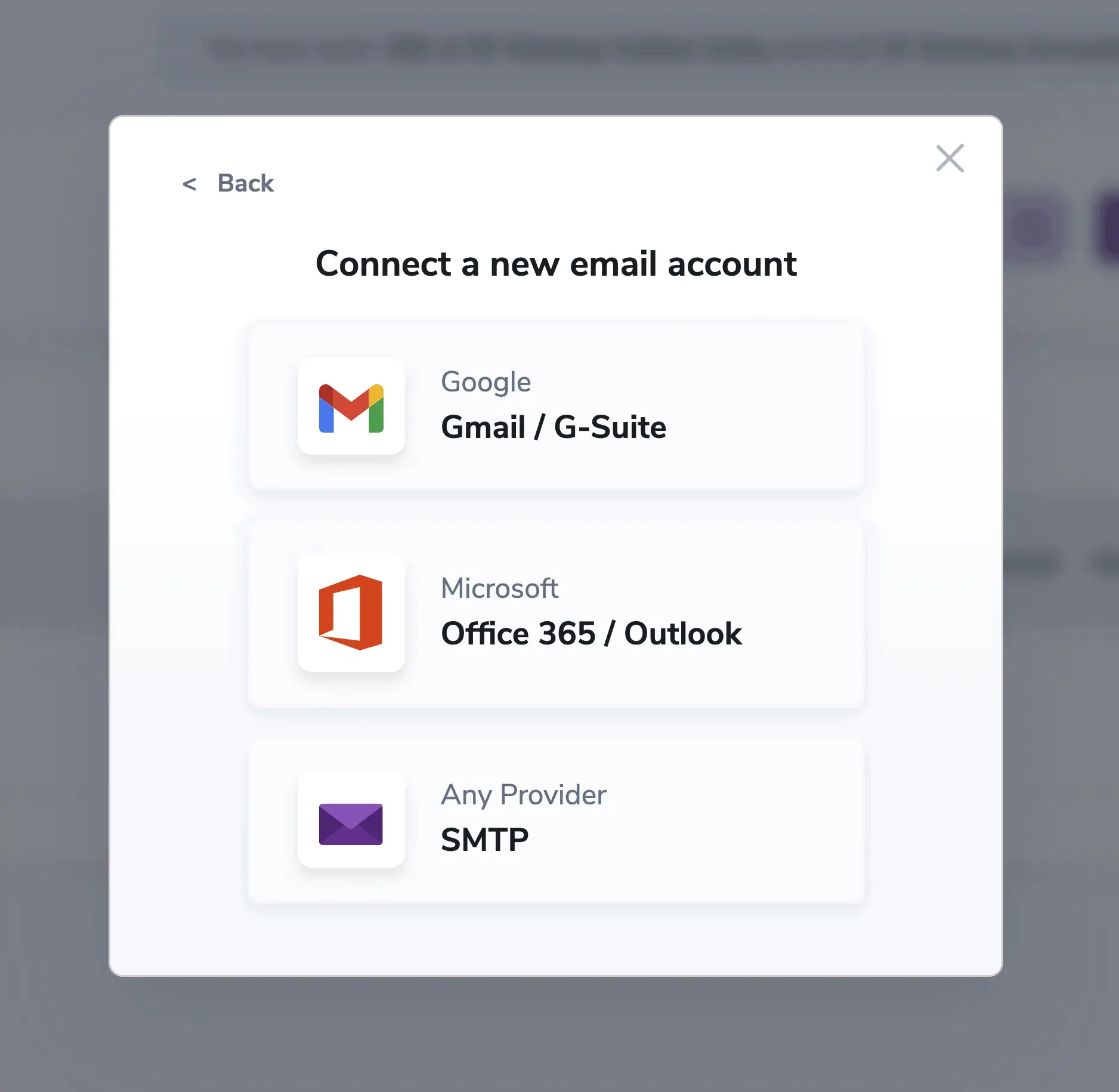 Modal displaying the available connection options: Gmail/G-Suite, Microsoft 365/Outlook, or SMTP.