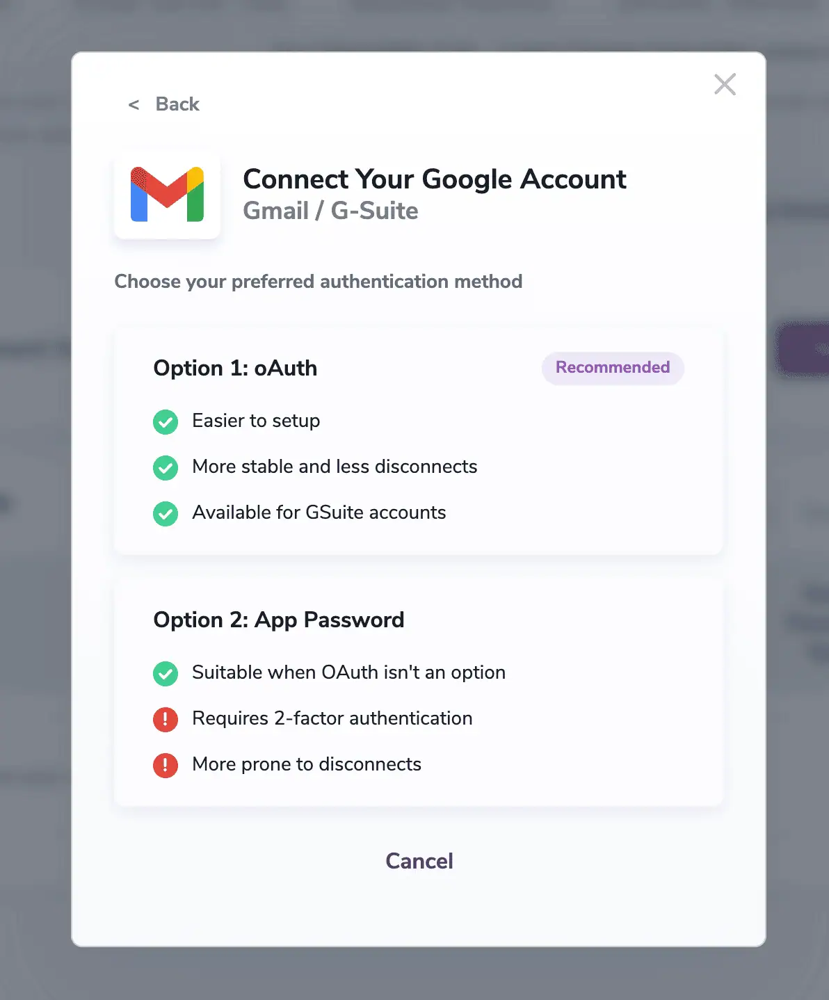 Choose one of the 2 options oAuth or App Password