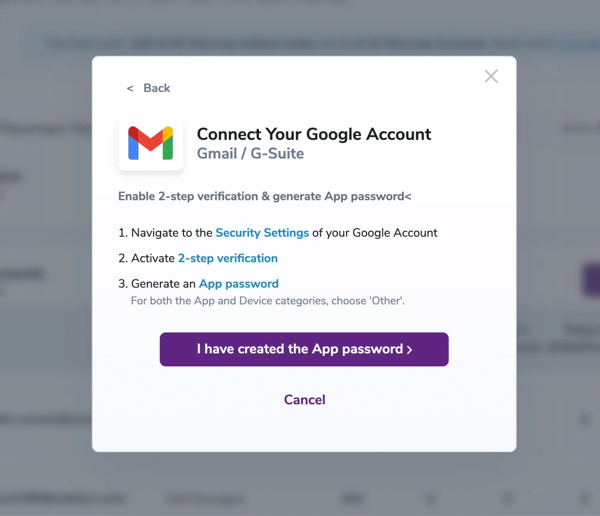 Modal displaying how to set up the App Password and the following steps