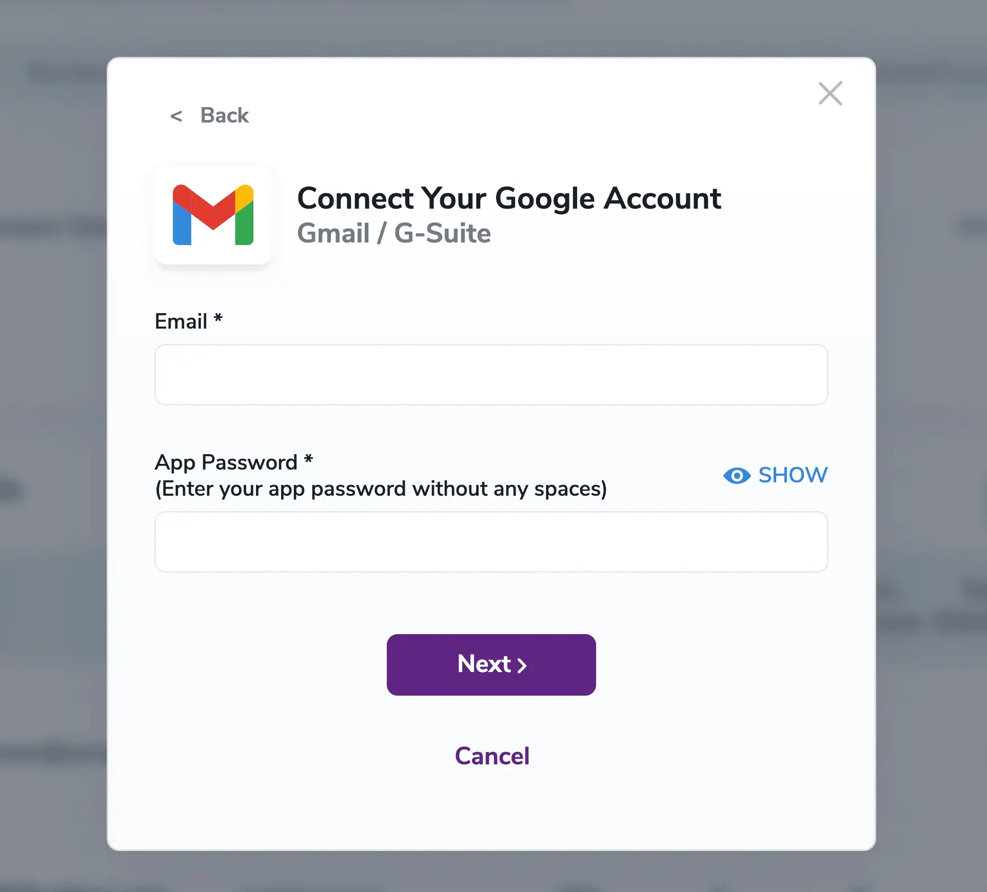 Modal prompting to enter the email and the App Password
