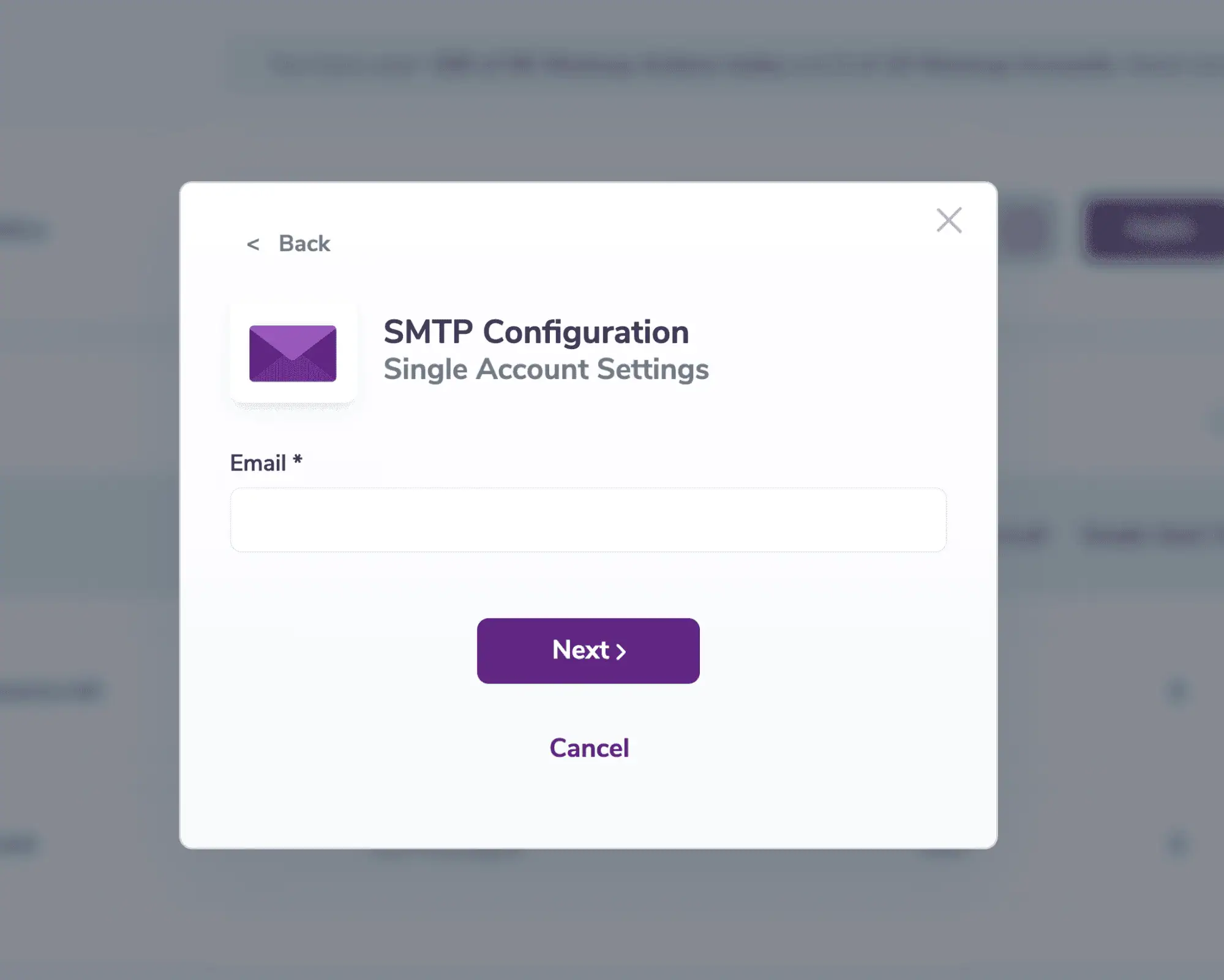 Modal displaying the SMTP email input