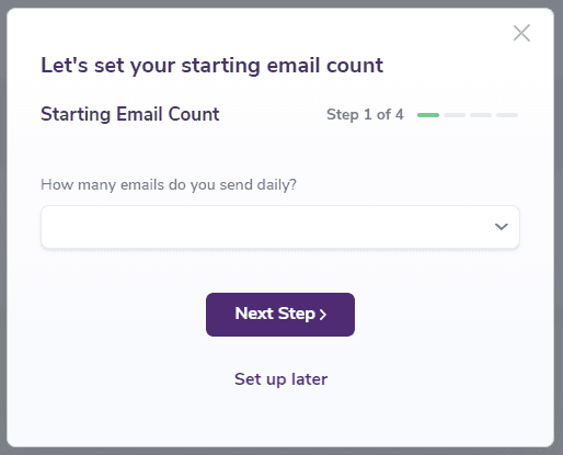 Modal displaying the Starting Email Count setup
