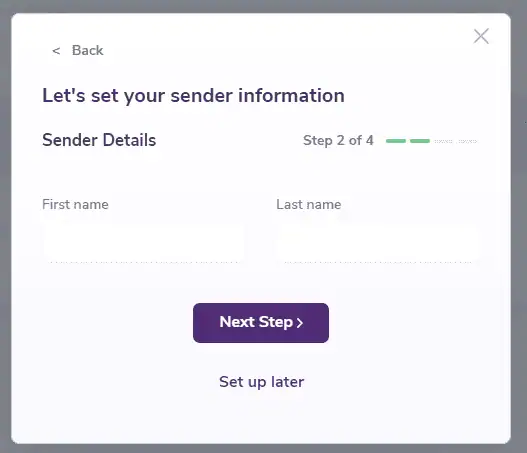 Modal displaying the Sender Details inputs