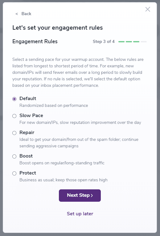 Warmup engagement rules Pop-up modal
