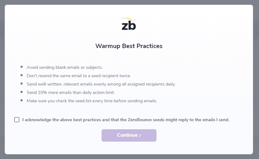 Modal displaying the Warmup Best Practices and the acknowledgement confirmation