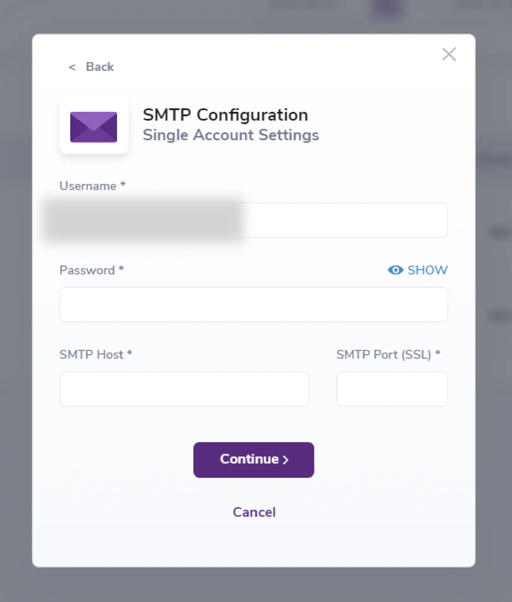 Modal displaying the SMTP configuration setup