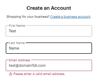 A website account registration form detecting an invalid email address