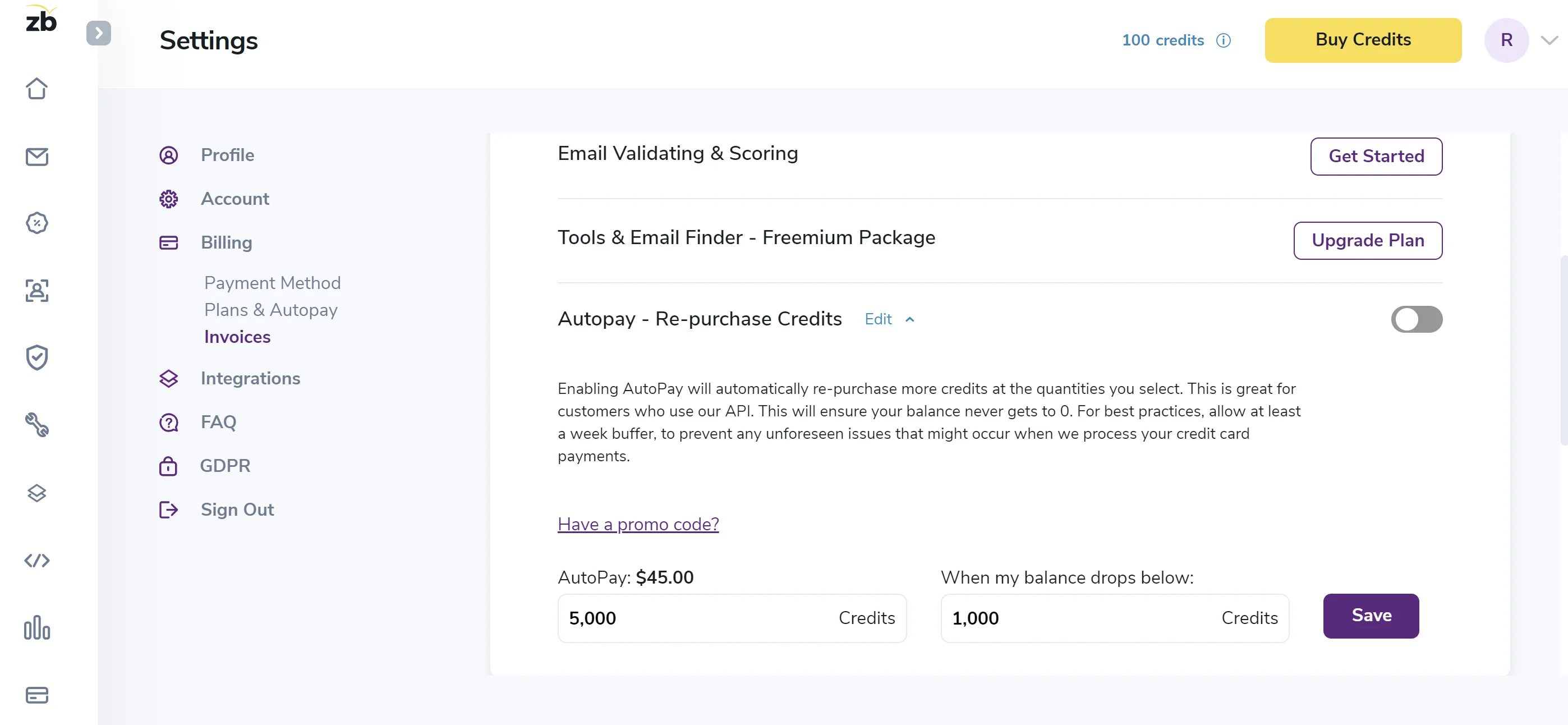 Screenshot of ZeroBounce’s Autopay settings